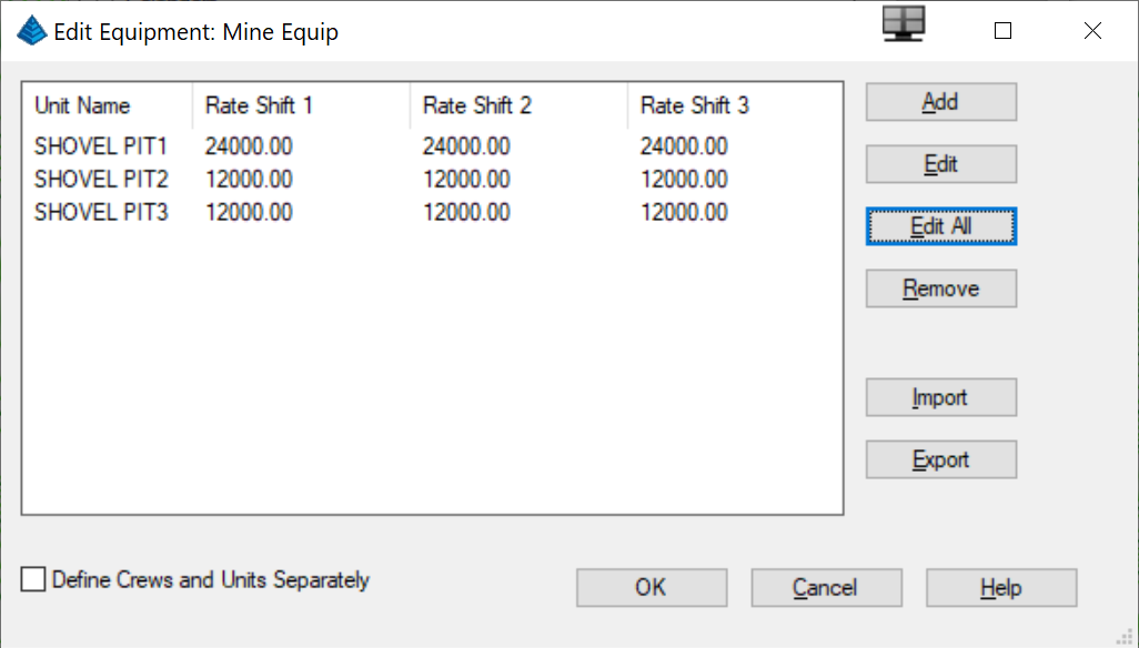 Equipment setup interface